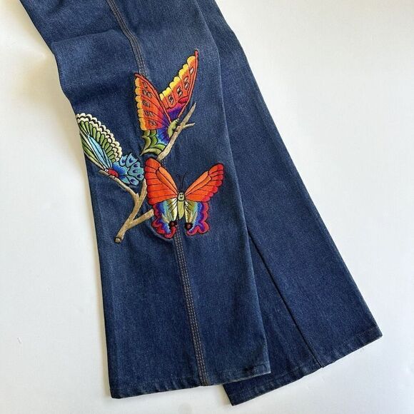 Vintage 70s Vik Vizette Flare Jeans Denim Embroidered Butterflies Blue Size 26 - Picture 1 of 12
